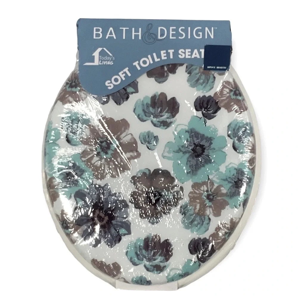 Toilet Seat Soft Floral Hinged White Blue Tan Multicolor “Sun Splash” Multicolor - Picture 13 of 14
